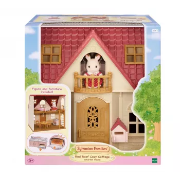 EPOCH Sylvanian Families Starter House - Red Roof Series Dollhouse with Freya Chocolate Rabbit and 10 Furniture Pieces