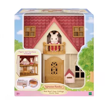 EPOCH Sylvanian Families Starter House - Red Roof Series Dollhouse with Freya Chocolate Rabbit and 10 Furniture Pieces