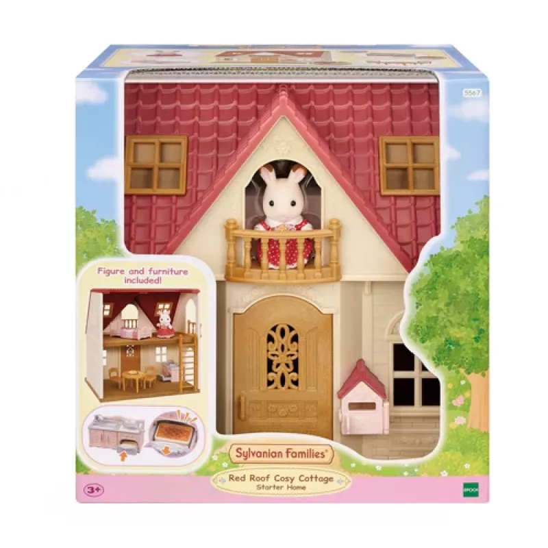 EPOCH Sylvanian Families Starter House - Red Roof Series Dollhouse with Freya Chocolate Rabbit and 10 Furniture Pieces