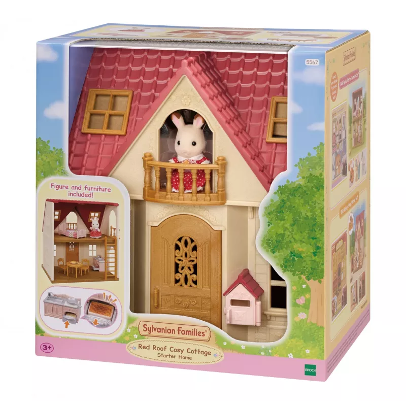 EPOCH Sylvanian Families Starter House - Red Roof Series Dollhouse with Freya Chocolate Rabbit and 10 Furniture Pieces