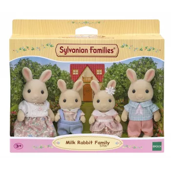 EPOCH Sylvanian Families Milk Rabbit Family Figure Set (4-Piece Collectible, Posable, Removable Outfits)