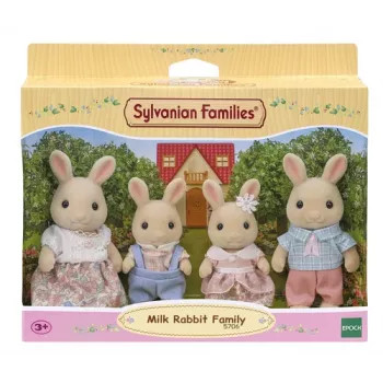 EPOCH Sylvanian Families Milk Rabbit Family Figure Set (4-Piece Collectible, Posable, Removable Outfits)