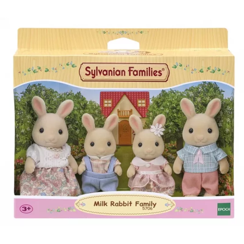 EPOCH Sylvanian Families Milk Rabbit Family Figure Set (4-Piece Collectible, Posable, Removable Outfits)