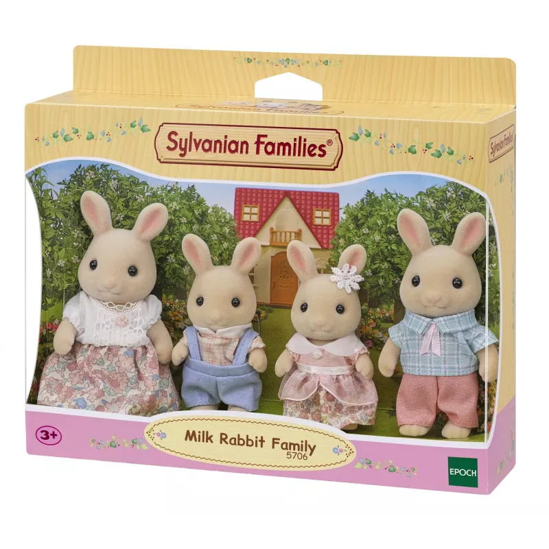 EPOCH Sylvanian Families Milk Rabbit Family Figure Set (4-Piece Collectible, Posable, Removable Outfits)