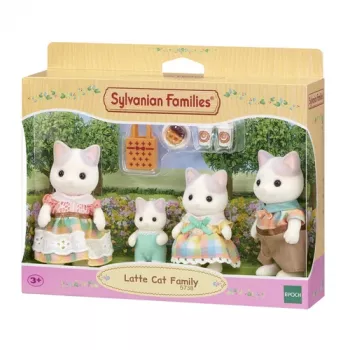 EPOCH Sylvanian Families Milk Cat Family - 4 Collectible Flocked Figures (Father Cyrus, Mother Stella, Son Freddie, Daughter Millie) for Ages 3+