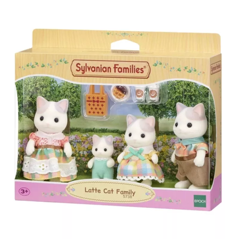 EPOCH Sylvanian Families Milk Cat Family - 4 Collectible Flocked Figures (Father Cyrus, Mother Stella, Son Freddie, Daughter Millie) for Ages 3+