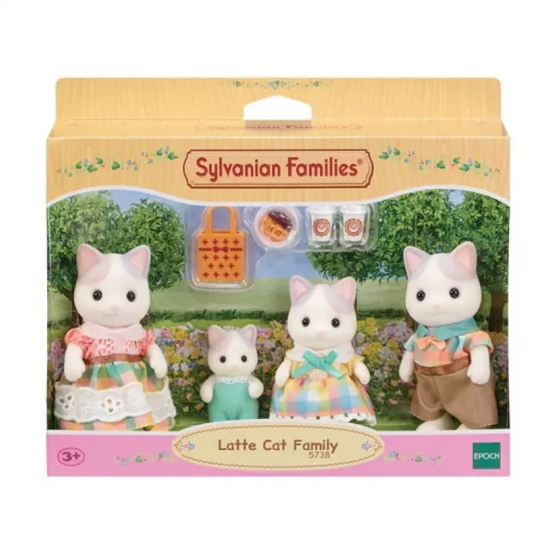 EPOCH Sylvanian Families Milk Cat Family - 4 Collectible Flocked Figures (Father Cyrus, Mother Stella, Son Freddie, Daughter Millie) for Ages 3+