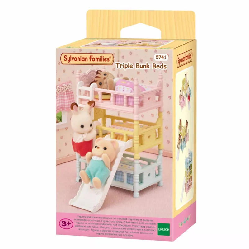 EPOCH Sylvanian Families Triple Bunk Beds - Dollhouse Furniture, 3 Tiers, White with Pink Accents, Includes Ladder and 3 Mattresses, for Baby Figures, Ages 3+