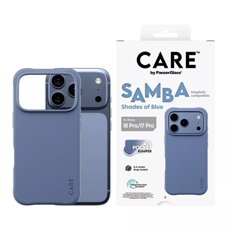 CARE by PanzerGlass Samba Case for iPhone 17 Pro / 18 Pro – Shades of Blue, MagSafe, Recycled TPU, Antimicrobial, 3.6m Drop Protection