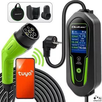 Qoltec Portable EV Charger Type 2 to Schuko 3.5kW 16A 5m Cable with Wi-Fi and LCD
