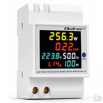 Qoltec Single-Phase 6-in-1 DIN Rail Energy Meter with 100A CT, 230V, LCD, Pulse Output