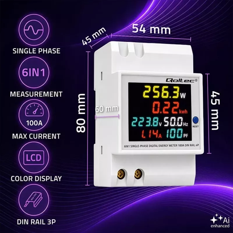Qoltec Single-Phase 6-in-1 DIN Rail Energy Meter with 100A CT, 230V, LCD, Pulse Output