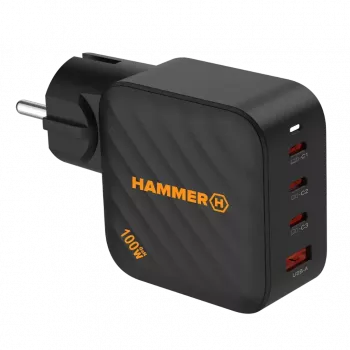 HAMMER RapidCharge 100W GaN Wall Charger, 2x USB-C PD 100W + 1x USB-A QC 30W, Black