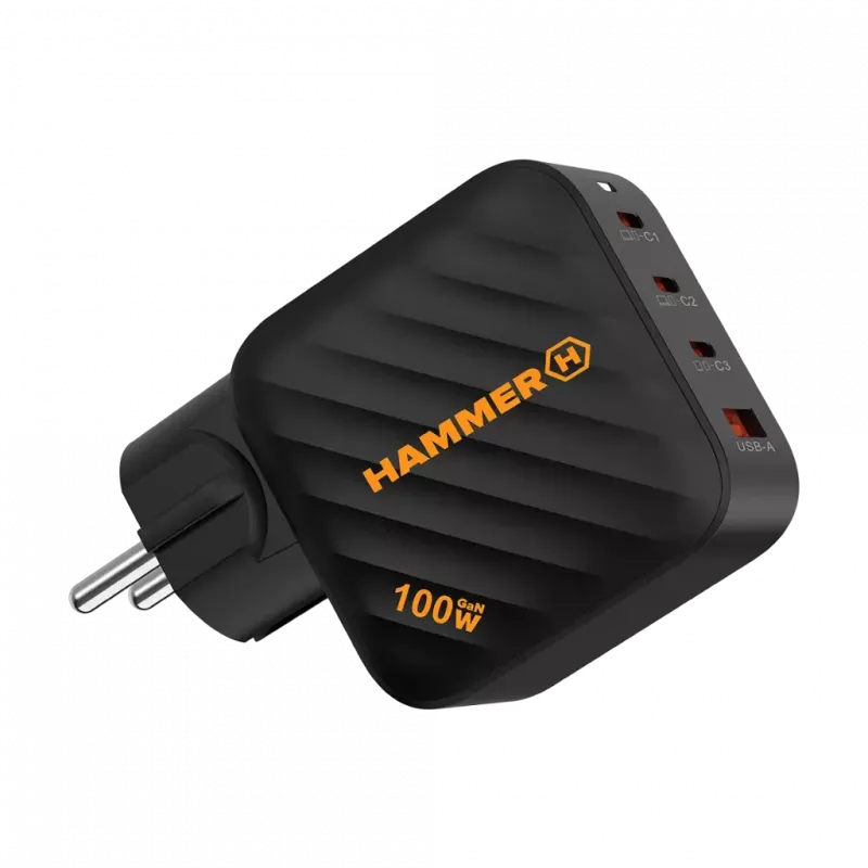 HAMMER RapidCharge 100W GaN Wall Charger, 2x USB-C PD 100W + 1x USB-A QC 30W, Black