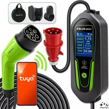 Qoltec Type 2 EV Charger with Adjustable Current, 7 kW, 230 V, CEE 32 A, Wi-Fi, Tuya Smart Life, LCD, 5 m Cable