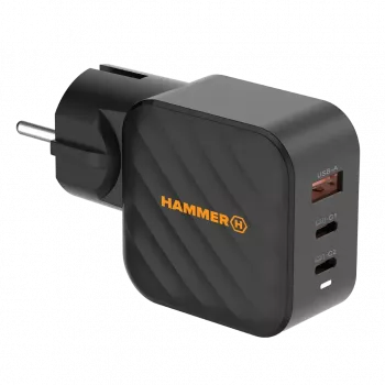 HAMMER RapidCharge 65W GaN Wall Charger - 2x USB-C PD, 1x USB-A QC, Black