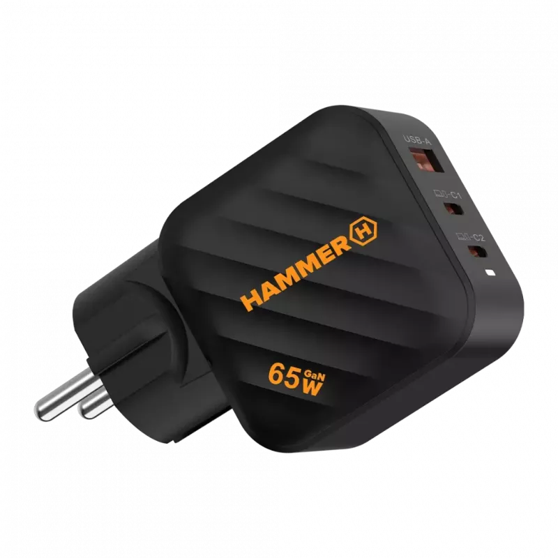 HAMMER RapidCharge 65W GaN Wall Charger - 2x USB-C PD, 1x USB-A QC, Black