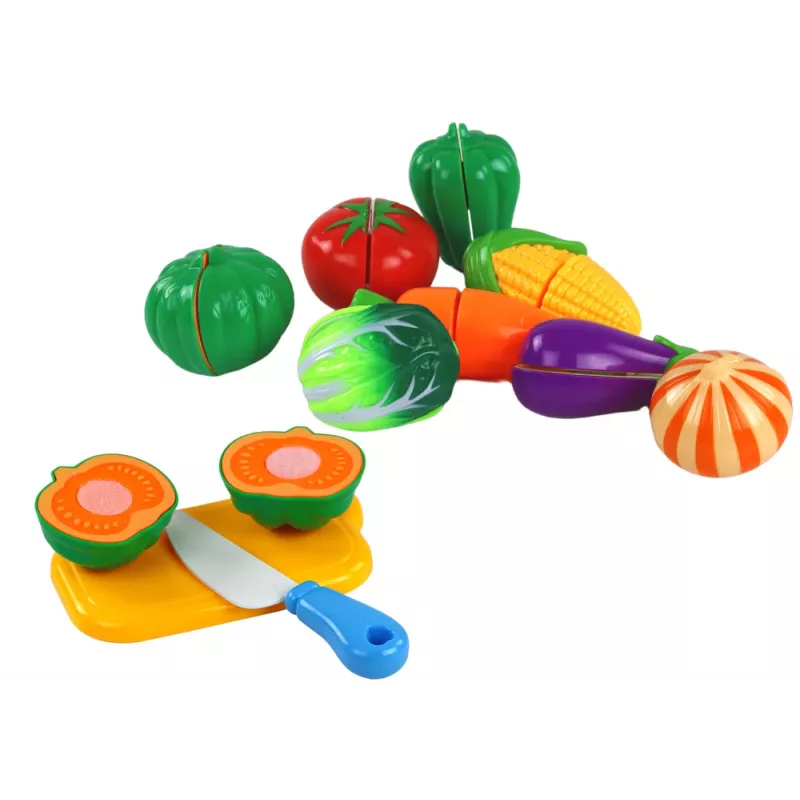 LEAN TOYS Velcro Vegetables in a Basket – 8-Piece Play Food Set with Plate and Knife