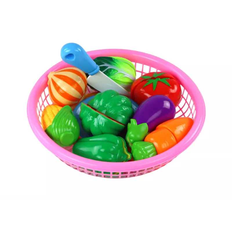 LEAN TOYS Velcro Vegetables in a Basket – 8-Piece Play Food Set with Plate and Knife