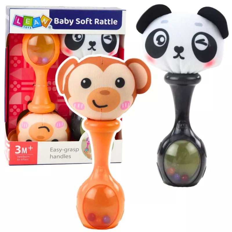 LEAN TOYS Set of Rattles with Soft Balls, Monkey Panda Patterns, 2 pcs