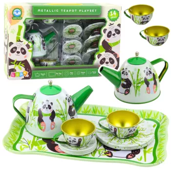 LEAN TOYS Panda Green Metal Tea Set 14-Piece | Children's Tinplate Teapot, Cups, Saucers, Plates & Tray | Role-Play Kitchen Toy for Ages 3+