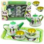 LEAN TOYS Panda Green Metal Tea Set 14-Piece | Children's Tinplate Teapot, Cups, Saucers, Plates & Tray | Role-Play Kitchen Toy for Ages 3+