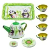 LEAN TOYS Panda Green Metal Tea Set 14-Piece | Children's Tinplate Teapot, Cups, Saucers, Plates & Tray | Role-Play Kitchen Toy for Ages 3+