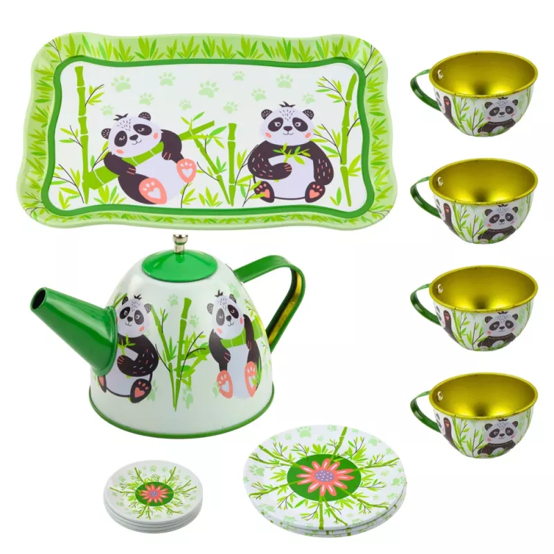 LEAN TOYS Panda Green Metal Tea Set 14-Piece | Children's Tinplate Teapot, Cups, Saucers, Plates & Tray | Role-Play Kitchen Toy for Ages 3+