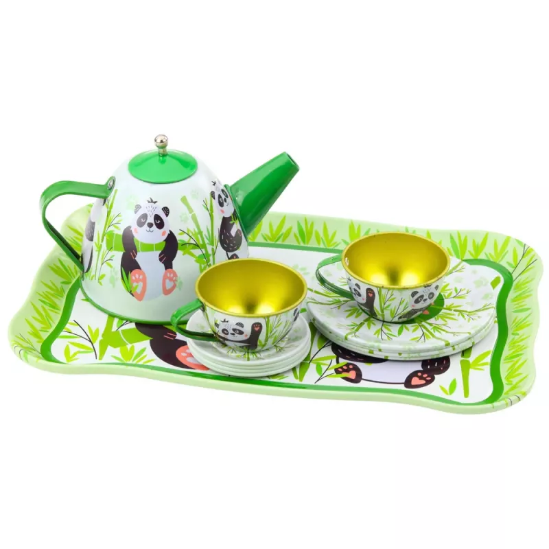 LEAN TOYS Panda Green Metal Tea Set 14-Piece | Children's Tinplate Teapot, Cups, Saucers, Plates & Tray | Role-Play Kitchen Toy for Ages 3+