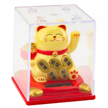 LEAN Chinese Lucky Cat In Display Case Solar Figurine Ornament Beige