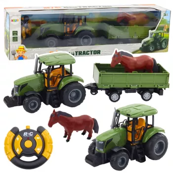 LEAN TOYS RC Remote Controlled Tractor With Trailer And Horse Set - 2.4GHz, Rechargeable, Green/Red, Ages 3+