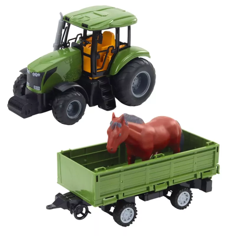 LEAN TOYS RC Remote Controlled Tractor With Trailer And Horse Set - 2.4GHz, Rechargeable, Green/Red, Ages 3+