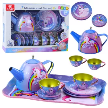 LEAN TOYS Children's Metal Tea Set with Cups, Teapot, and Tray Unicorn