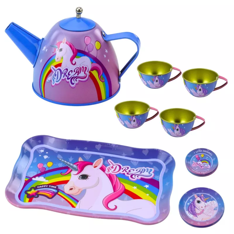 LEAN TOYS Children's Metal Tea Set with Cups, Teapot, and Tray Unicorn
