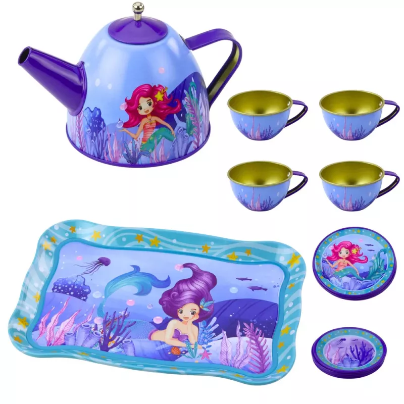 LEAN TOYS Children's Metal Tea Set with Cups, Kettle, and Tray Mermaid