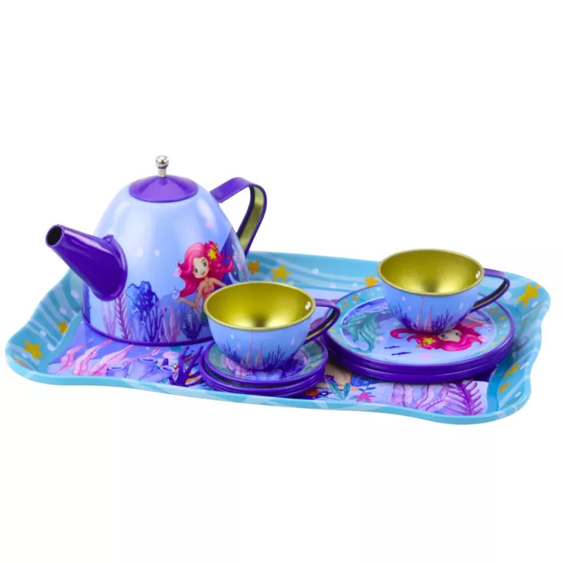 LEAN TOYS Children's Metal Tea Set with Cups, Kettle, and Tray Mermaid