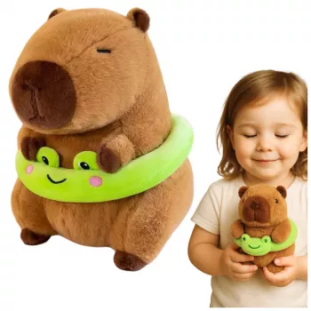 LEAN TOYS Plush Capybara with Green Lifebuoy and Frog, Brown, 20 cm