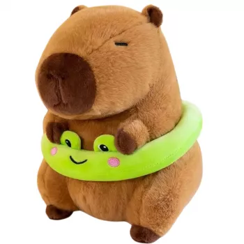 LEAN TOYS Plush Capybara with Green Lifebuoy and Frog, Brown, 20 cm