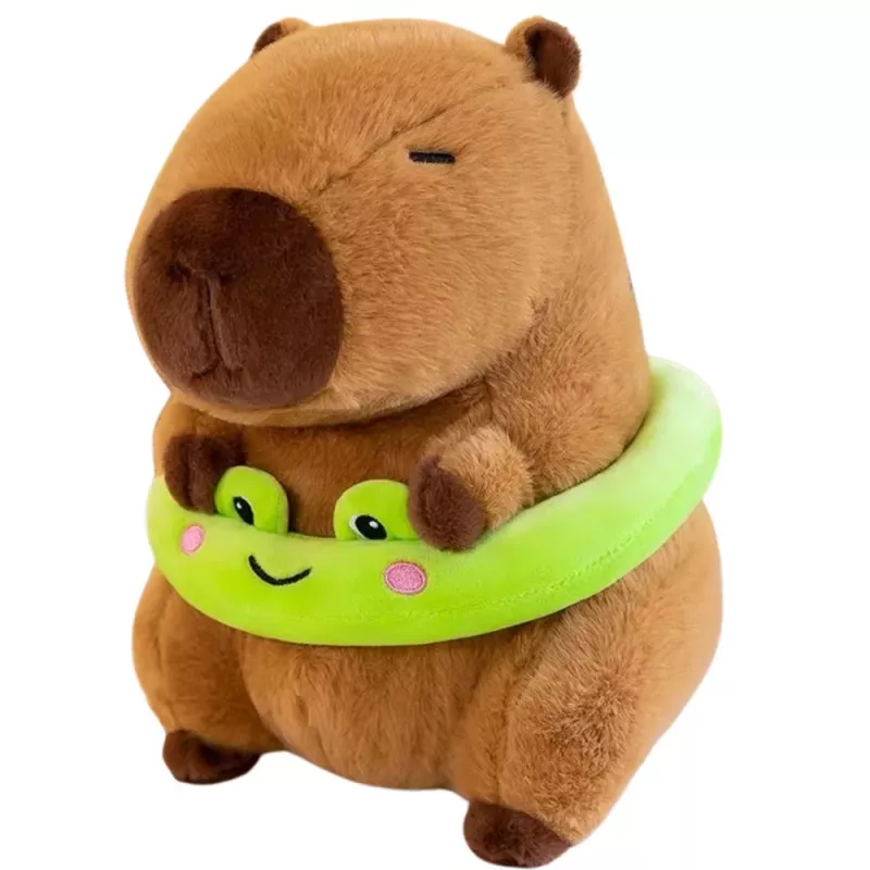 LEAN TOYS Plush Capybara with Green Lifebuoy and Frog, Brown, 20 cm