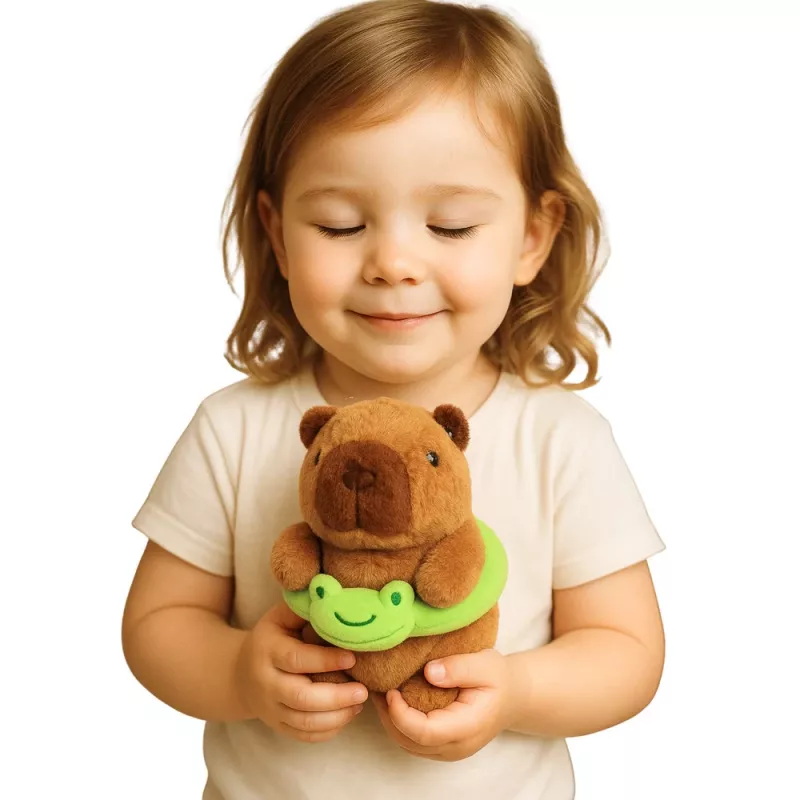 LEAN TOYS Plush Capybara with Green Lifebuoy and Frog, Brown, 20 cm
