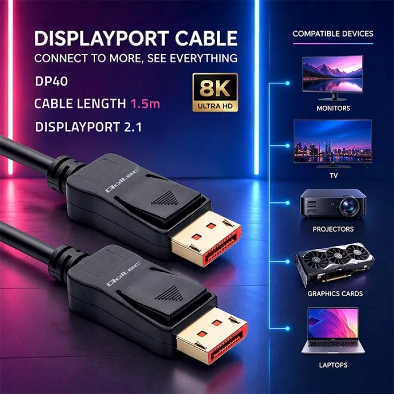 QOLTEC DisplayPort Cable M/M v2.1 40G 1.5m