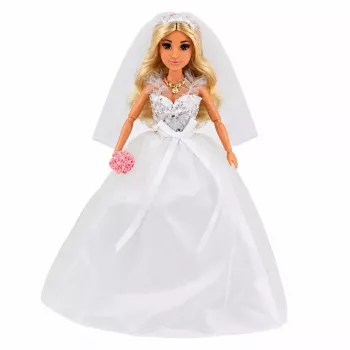 LEAN TOYS Anlily Bride Doll in Sequined Wedding Dress with Veil, Bouquet, Cake, Shoes, 29 cm