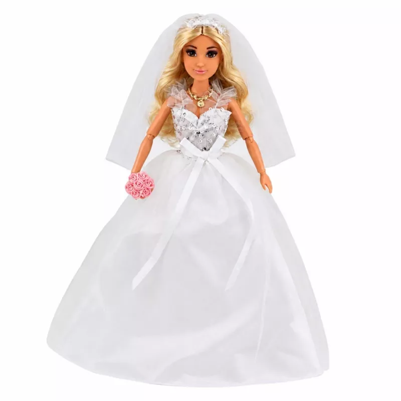 LEAN TOYS Anlily Bride Doll in Sequined Wedding Dress with Veil, Bouquet, Cake, Shoes, 29 cm