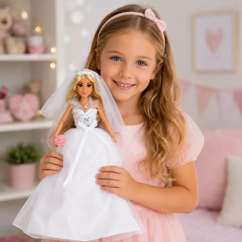 LEAN TOYS Anlily Bride Doll in Sequined Wedding Dress with Veil, Bouquet, Cake, Shoes, 29 cm