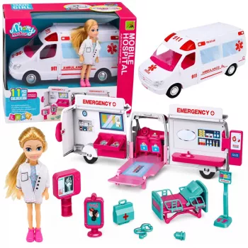 LEAN TOYS Foldable Ambulance for Dolls Hospital Mini Doll Accessories 11 pcs