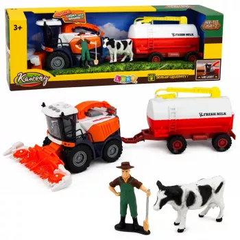 LEAN TOYS Combine Harvester with Milk Tanker, Farmer and Cow Figures, Lights and Sounds, 4-Piece Farm Playset