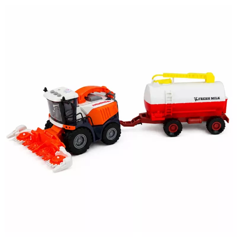 LEAN TOYS Combine Harvester with Milk Tanker, Farmer and Cow Figures, Lights and Sounds, 4-Piece Farm Playset