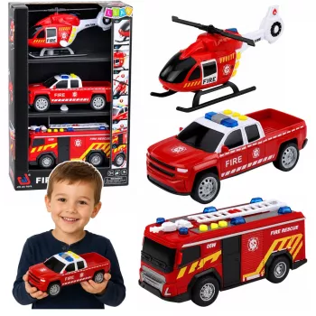 LEAN TOYS Fire Department Vehicle Set: Helicopter Car, Lights, Sounds 1:32