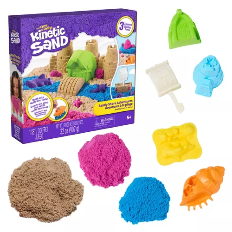 Kinetic Sand Beach Adventure Set – 907g Sand in 3 Colors with Molds, Tool & Play Tray