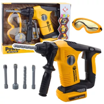 LEAN TOYS Children's Impact Hammer Drill with 4 Interchangeable Bits and Safety Glasses, Battery-Powered Toy Tool with Realistic Sound and LED Light, Yellow